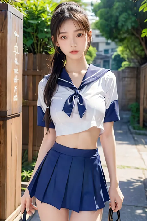 (Ultra HD), (Looking at me), (The whole body is shown), (Short-sleeved sailor uniform, Navy blue low-rise mini skirt), (Big Breasts:1.2), Super beautiful breasts, slender, Narrow waist, (Thin legs:1.2), (Thin thighs:1.2), (Thin Hips:1.4), (Beautiful Skin, ...