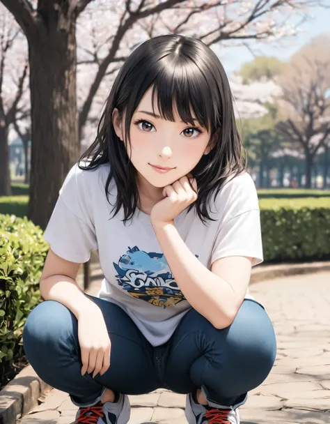 (best quality:1.2), 1girl, ueno park, t-shirt, hot pants, squat