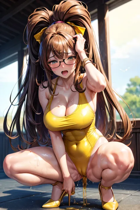 Anime art style,High resolution, high quality, One girl, Anime Girls,Brown long hair, Brown eyes, Green glasses,heart shaped pupils,Sunburned skin, Super big breasts, HH-sized breasts,beautiful breasts,(Big Ass),beautiful ass,Embarrassed,sweat,Wet,((open l...