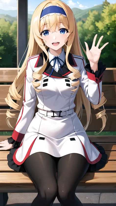 masterpiece, best quality, highres,  aacecilia, very long hair, curly hair, drill hair, blue hairband, school uniform, white jacket, white dress, long sleeves, belt, black pantyhose, sitting, bench, waving, smile, open mouth, outdooors
