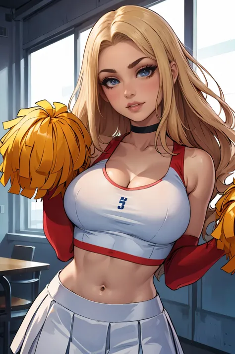 best quality, ultra high res, 1girl, mature woman, blonde long flowing hair, wearing a cheerleader outfit, white cheerleading crop top, white cheerleading skirt, white cheerleading choker, 1girl, beautiful, masterpiece, best quality, extremely detailed fac...