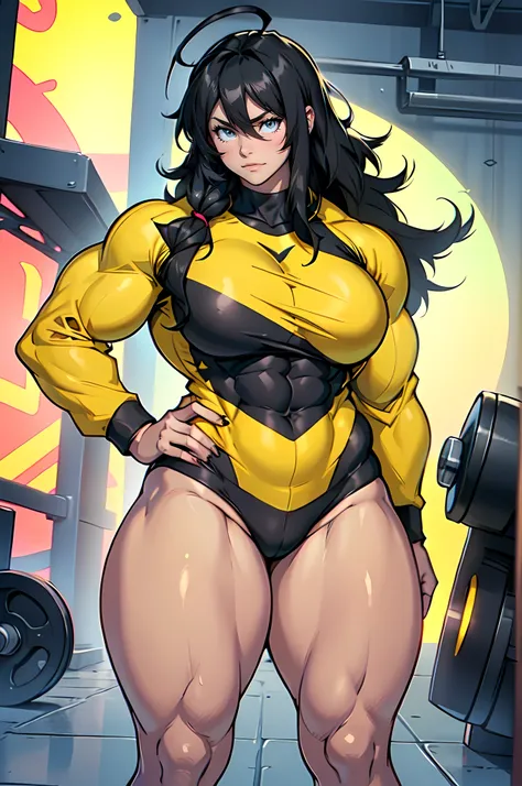 girl ((((Massive Female Bodybuilder 1girl)))) ((((thick thighs toned body)))) (pale skin) black hair yellow eyes very long hair long sleeve tight t-shirt tight pants (ahoge straight hair)