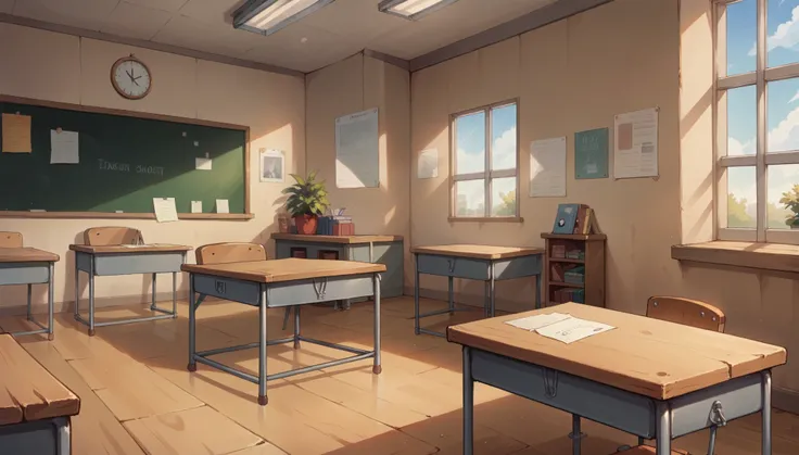 "A bright and tidy high school classroom with large windows letting in natural light. Rows of wooden desks and chairs are neatly arranged, facing a chalkboard at the front of the room. There are educational posters on the walls, and a teachers desk is posi...