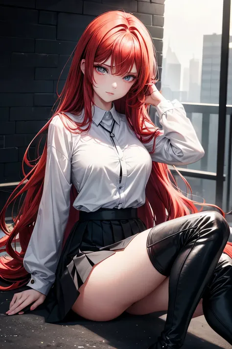 "A beautiful anime girl with flowing, vibrant red hair cascading down to her waist. Her hair is styled with soft waves and has a few strands falling freely over her face, framing her striking features. She has large, expressive crimson eyes that sparkle wi...