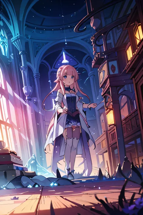 1girl, light pink hair, extremely long hair, fringe, hair clips, blue eyes, mystical dress, golden details on dress, large fantasy kingdom in the background, best quality, ultra-detailed, (photorealistic:1.37), (masterpiece:1.2), cinematic lighting, dramat...