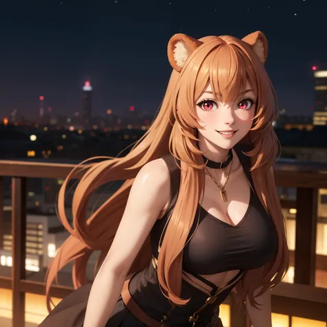 Raphtalia woman 3 straight floating golden blonde hair , rounded bear ears, red eyes like ruby, evil smile,big breasts, light and pale skin, low-cut clothing, low-cut pink top, minifalda,  background an urban city bynoche, de noche