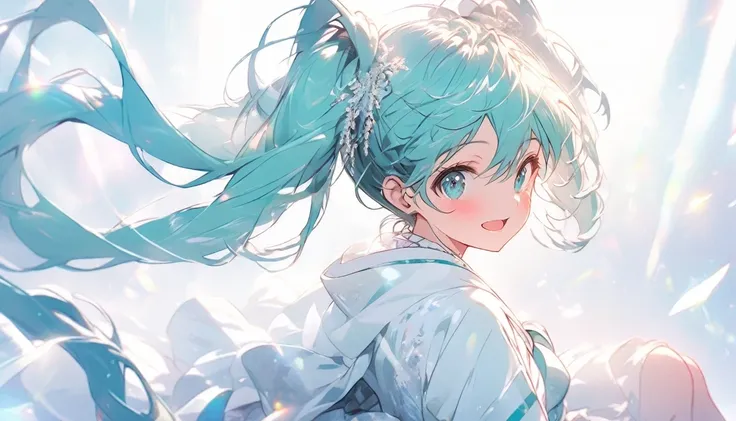 hatsune miku、smile、Sitting、Open your mouth、Particles of light、Observe the audience、Look at this
