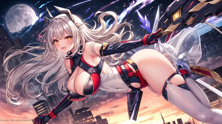 fantasy, 1devil_girl, low_teen, platina_blond_hair,long_bangs, bare_shoulder, navel out, thighhighs,silver_armor, red_leotard,waist_armor, Glebe, hold_swords, gigantic_tits, dynamic_floating_pose,Floating,(pelvic_curtain:1.3), silver_Headgear ,looking_down...