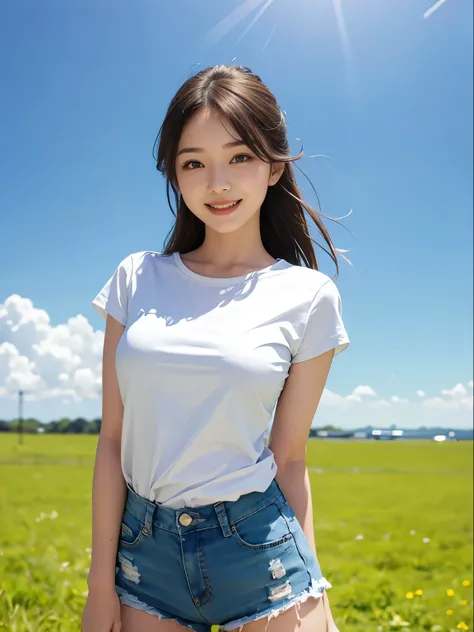 blue sky。Green grassland。White cloud。Dazzling Sun。Beautiful woman wearing a white short-sleeved shirt and denim shorts。Bright smile。