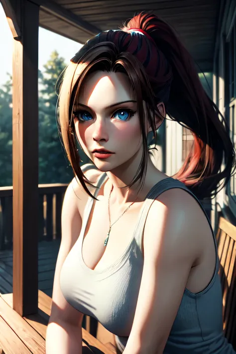 Claire Redfield, perfectbody, blue colored eyes, long hair ponytail 2 tones white and red, on the porch, high resolution, super detaill, super detailed face, 8k, Overview