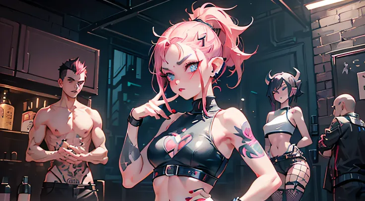 (Designed by Agnes Cecile in the darkest dungeon style:1.1), (cyberpunk aesthetic:1.2), (night shopping district), (imp body proportions:1.1), (imp woman:1.2), (dark red skin:1.1), (adorably cute kawaii), (small imp girl:1.2), (punk side shave hairstyle:1....