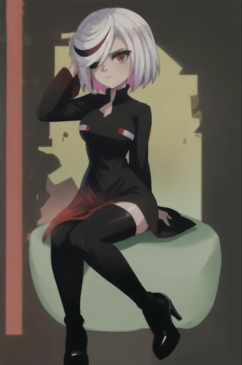 sthsage, sage as an adult, ((lower back length hair)), white hair, multicolored hair, hair over one eye, red eyes, ((black dress...