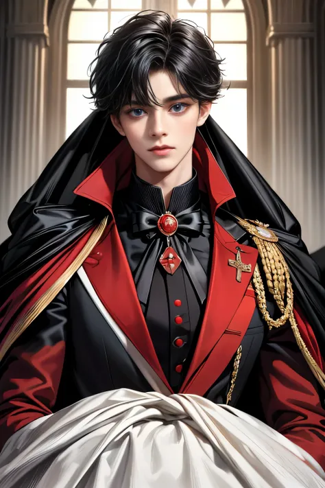 masterpiece, 最high quality, high quality, 1 boy, alone, Male focus, Upper Body,Watching the audience, Messy black hair, Adorable big blue eyes, White, Noble, Noble,A black and red cape that is bursting with sexy volume、Tuxedo、A very voluminous, large, very...