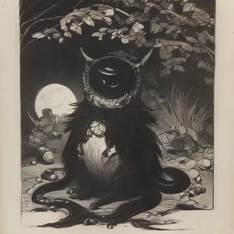 Lithograph by redon、One-eyed strange creature