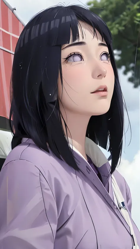 masterpiece、Hinata（bolt）、1 female、solo、Mature beautiful woman、Combat Uniform、Looking up at the sky、scenery、Cloudy、rain、Perfect composition、detailedな唇、Large Breasts、Beautiful Face、Body Proportions、blush、（Pink Lips）、Long Hair、Purple Eyes、Soft gaze、Crying fac...