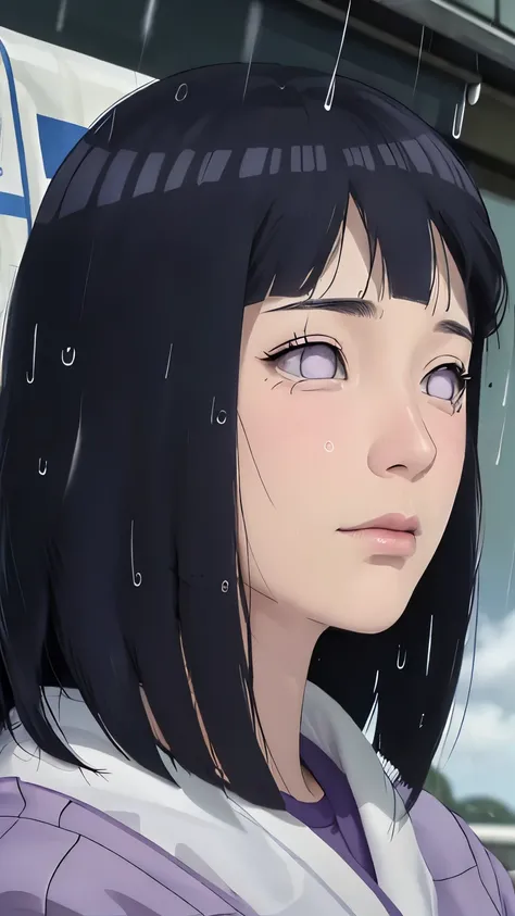 masterpiece、Hinata（bolt）、1 female、solo、Mature beautiful woman、Combat Uniform、Looking up at the sky、scenery、Cloudy、rain、Perfect composition、detailedな唇、Large Breasts、Beautiful Face、Body Proportions、blush、（Pink Lips）、Long Hair、Purple Eyes、Soft gaze、Crying fac...