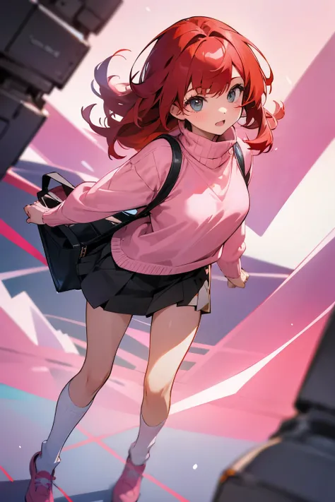 Red haired girl wearing, pink sweater,transparent socks 