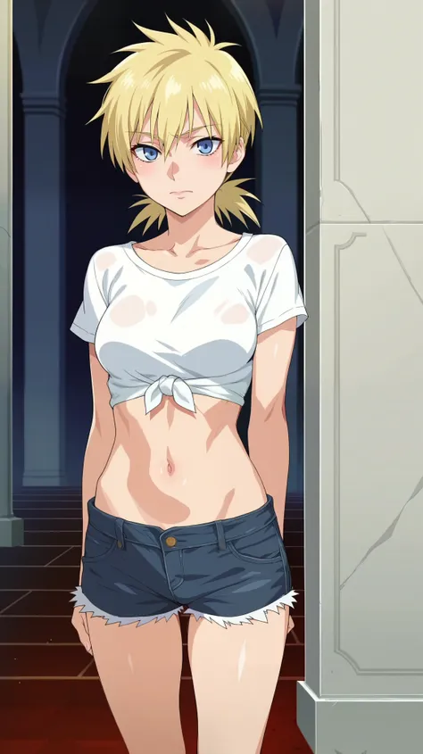 score_9, score_8_up, score_7_up, source_anime, BREAK by ikuchan kaoru, iku, clean color, flat color, 1girl, anime screencap, screencap, seras, hellsing, blonde hair, blue eyes, shorts, knotted shirt, crop top, navel, standing, indoors, fancy castle, mansio...