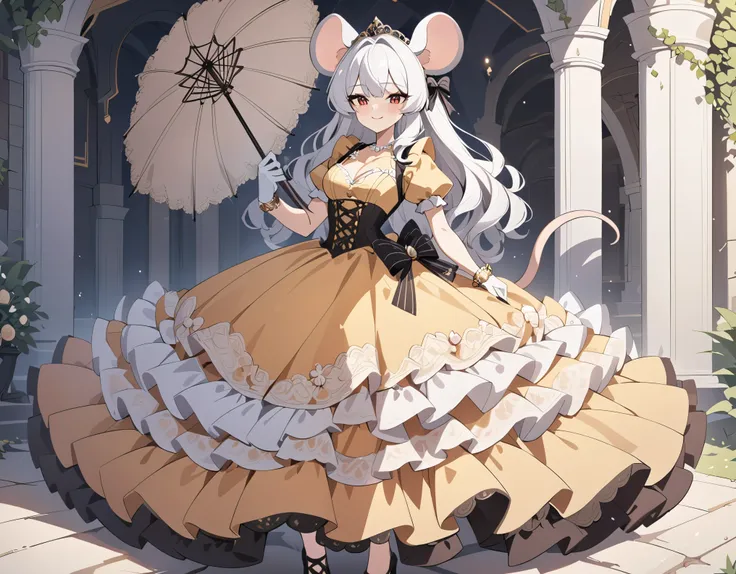 (best quality,4k,8k,highres,masterpiece:1.2), ultra-detailed, Pretty anthropomorphic mouse girl has a princess, drawn in anime style, steampunk, wearing a yellow princess gown with puffy sleeves, steampunk, gorgeous frilly dress design,flowing gown,elabora...