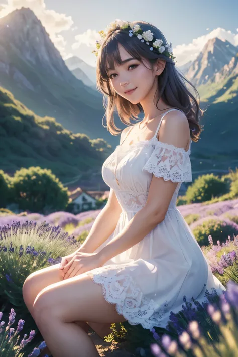 cute sexi girl,lavender,white short dress,lace dress,smile,flower garden,full body,sitting,mountains in the distance,light particles,(Depth of field,cinematic angle,cinematic lighting:1.2),blurry background,blurry foreground,(masterpiece:1.2),(best quality...