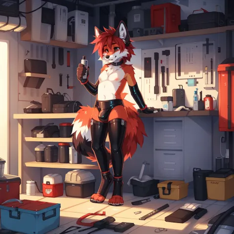 solo，garage，Auto repair，toolbox,femboy fox，fox girl，big nipples,，Technophilia latex bulge，stirrup legwear, ((by keihound, by reysi)), by Zackary911, by hyattlen, by fumiko, by fluff-kevlar, Furry, Anthro,