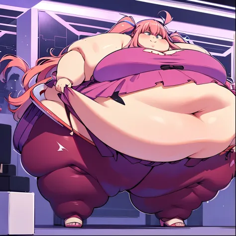 Extremely obese woman, wearing a loose pink dress, fat blob, far rolls, immobilized by her weight, very long wavy neon pink hair, a big belly, saggy belly, gluttony, hanging belly, 