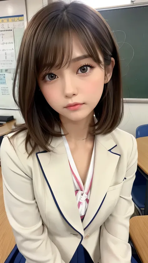 Highest quality、Realistic、、Japanese、zoom、cute、classroom、Grey Eyes、Light brown hair、Bob Hair、Off-white blazer、White blouse、ribbon、Blue Check Pleated Skirt、Face close-up、thin、Small breasts、Pouting、