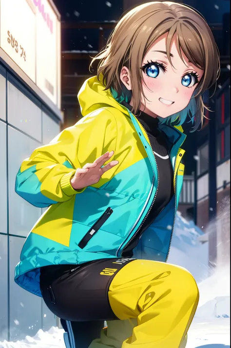 Yo Watanabe, Issei Watanabe, short hair, blue eyes, Brown Hair, smile, Grin,Yellow Wear、Outerwear is blue、Red trousers),sneakers,Snowboarding at a ski resort,whole bodyがイラストに入る,
break ourdoors, Snow Mountain,
break looking at viewer, whole body,(Cowboy Sho...