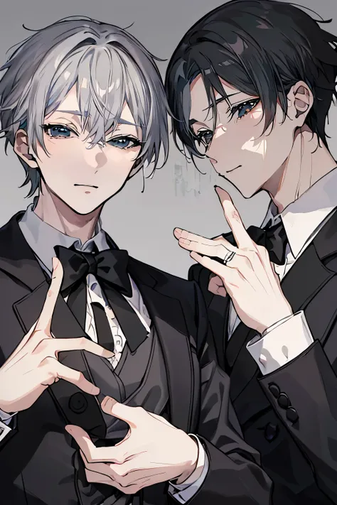 (Mastepiece)、(Best Quality)、Very detailed、((Two butlers:1.5))、Perfect Face、Beautiful Face、Very detailedな顔、(Black-haired man:1.3)、(Grey-haired man:1.3)、Deacon's uniform、(monocle:1.3)、(Wearing white gloves on both hands:1.3)、Smiling face