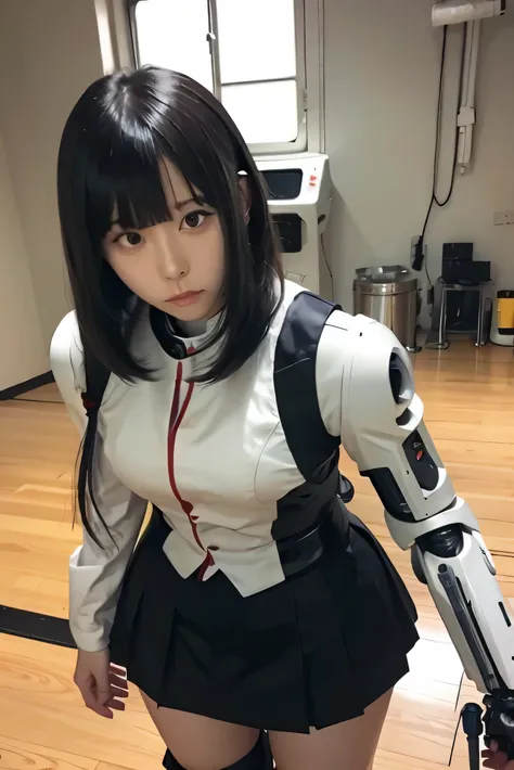 masterpiece, best quality, extremely detailed, Japaese android girl,Plump , control panels,android,Droid,Mechanical Hand, Robot arms and legs, Black hair,Blunt bangs,perfect robot girl,long tube,thick cable connected her neck,android,robot,humanoid,cyborg,...