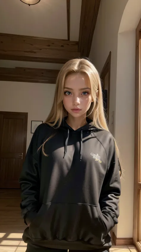 Realistic brown-eyed blonde girl in black sweatshirt posing for a photo inside the room beautiful face Italian blonde Galician angelic face realistic 