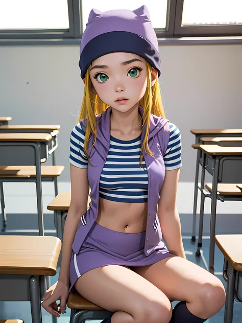 (masterpiece, best quality), 1girl, izumi orimoto, indoors, classroom, seated, green eyes, blonde hair, long hair, purple beanie...