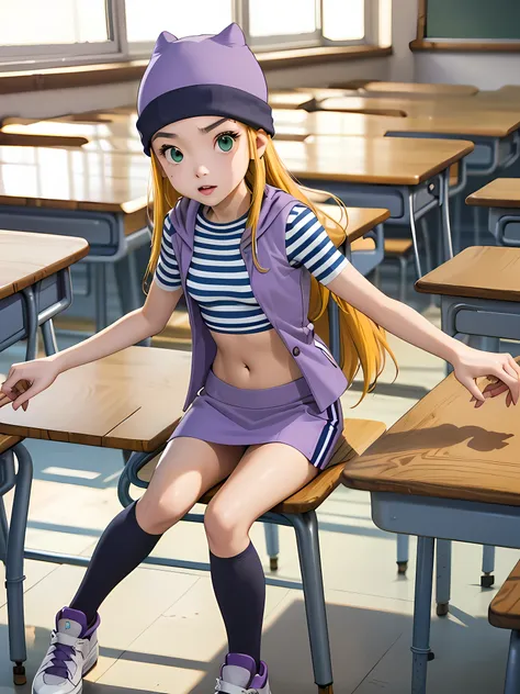 (masterpiece, best quality), 1girl, izumi orimoto, indoors, classroom, seated, green eyes, blonde hair, long hair, purple beanie...