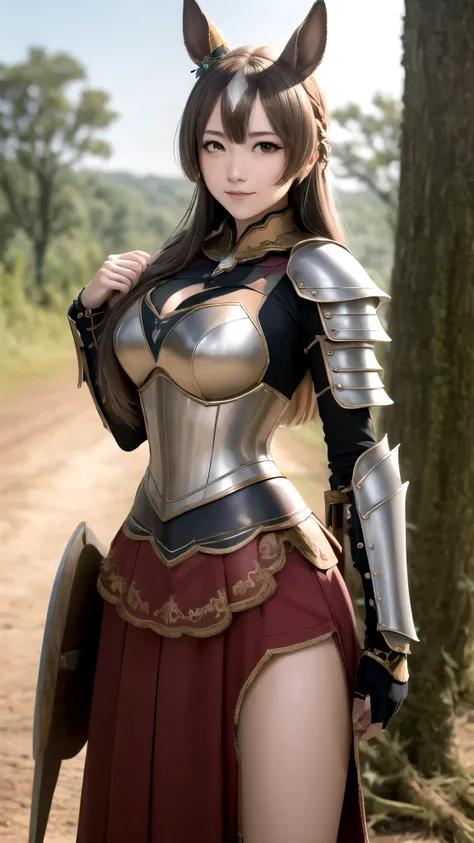 masterpiece, best quality, highres, {{8k}},
BREAK,
aasato, long hair, half updo, braid, hair between eyes, animal ears, ear ornament, medium breasts, plate armor, long red skirt, cowboy shot, shy smile, blush, cute, wide hips, busty,
BREAK,
outdoor, castle...