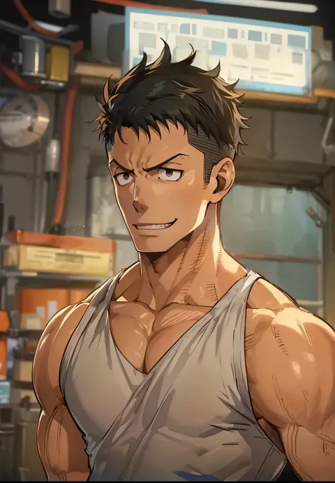 8k, Highly Detailed, Masterpiece, source_anime, best quality, beautifully detailed eyes and beautifully detailed hair, 1man, solo, Digital illustration in an anime style featuring a muscular male character. The character has short, spiky black hair and a d...