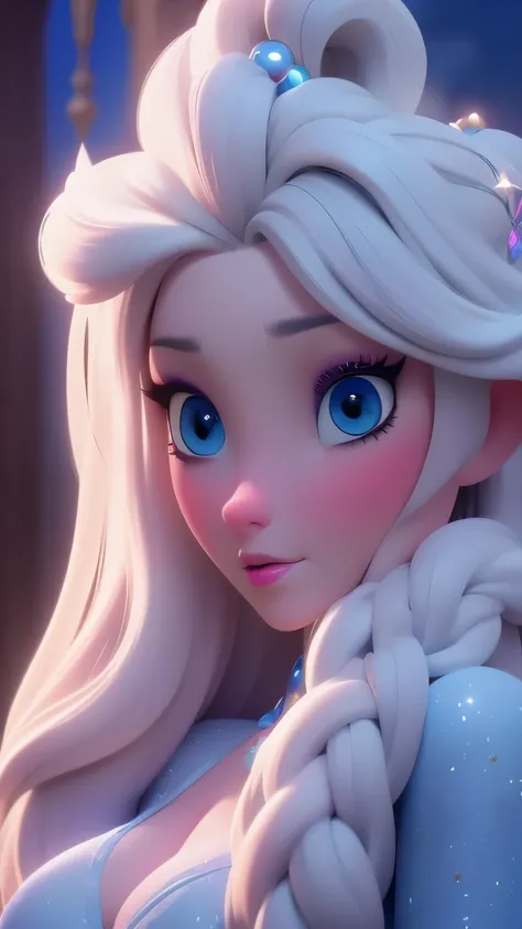 Elsa, (perky breasts), (((small breasts))), smirk:1.2, beautiful blue eyes, (perfect iris’s), depth of colour to her eyes, blonde hair, long hair, braid, full lips, blush, naked, she is showing her vagina, depth of field, bokeh, (special attention to skin ...
