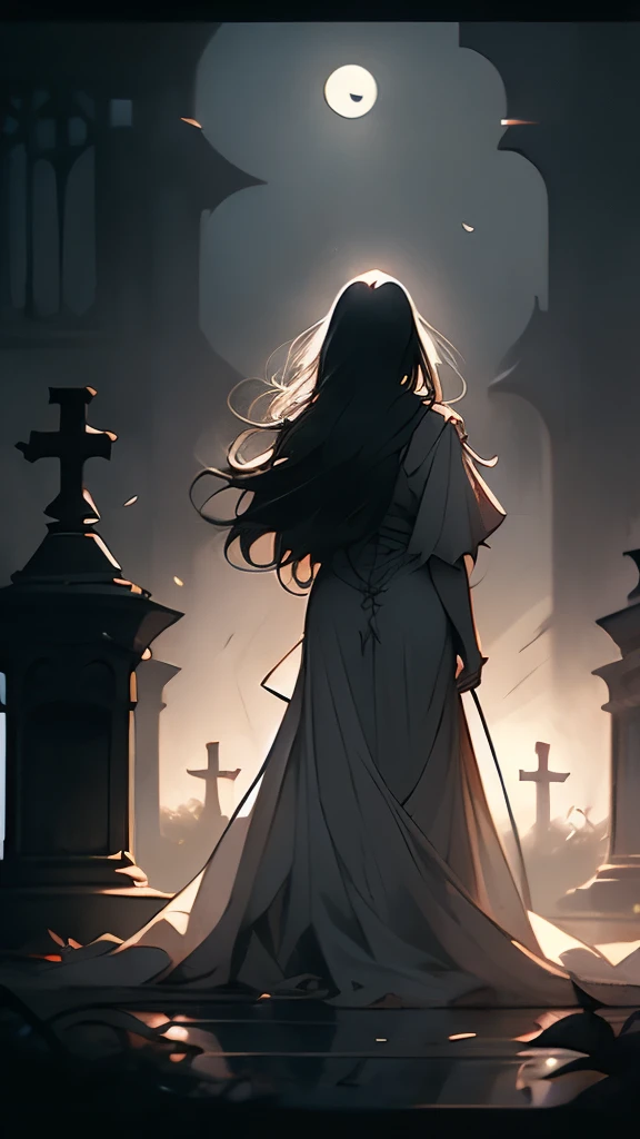 a picture taken from a cemetery at night with a ghost walking in the cemetery, hauntingly beautiful art, la llorona,  bride art style, gothic wraith maiden, inspired by Gustave Dore, luthien, style of esao andrews, beautiful depiction, michael whelan and g...