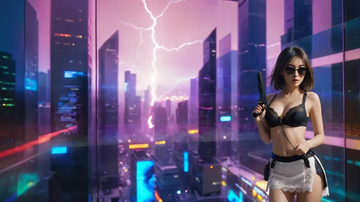 Futuristic cityscapes with colorful all-glass towering skyscrapers, flying vehicle, lightning. High-resolution OLED GUI interfaces in the building, The windows are filled with transparent data visualization infographics that show it all, from weather patte...