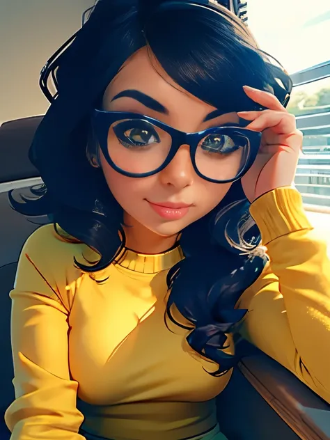 arafed woman with glasses and a yellow sweater sitting in a chair, wavy hair yellow theme, with glasses, girl with glasses, belle delphine, with square glasses, wearing wheat yellow gauze, ulzzang, high quality portrait, girl wearing round glasses, with gl...