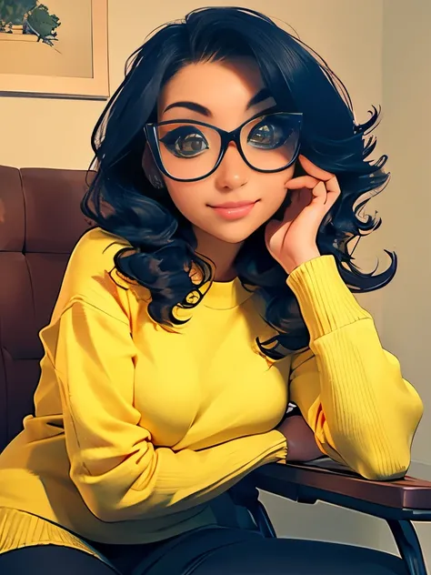 arafed woman with glasses and a yellow sweater sitting in a chair, a picture by Ayami Kojima, trending on cg society, rococo, wavy hair yellow theme, with glasses, girl with glasses, belle delphine, with square glasses, wearing wheat yellow gauze, ulzzang,...