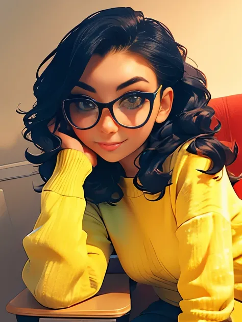 arafed woman with glasses and a yellow sweater sitting in a chair, wavy hair yellow theme, with glasses, girl with glasses, belle delphine, with square glasses, wearing wheat yellow gauze, ulzzang, high quality portrait, girl wearing round glasses, with gl...