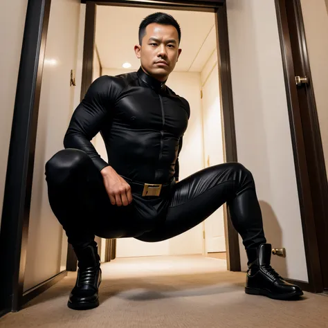 30 years old,One Man,Black bodysuit、Shocker Belt、Combatant、With a handgun on his hip、corridor、To squat with legs open at the door、,,logic,Gay ,Very short hair、　,Asian Faces,、The crotch area of my trousers is swollen　Handsome　　Seen from below