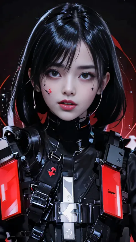 close-up, face of a beautiful teenager, with cybernetic parts on her face, black cross tattoos, red background, tongue out, reflections of neon lights