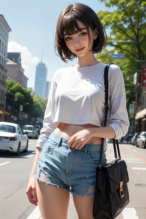 girl，3/4 sides，Smile，White top，bust，Bring hands