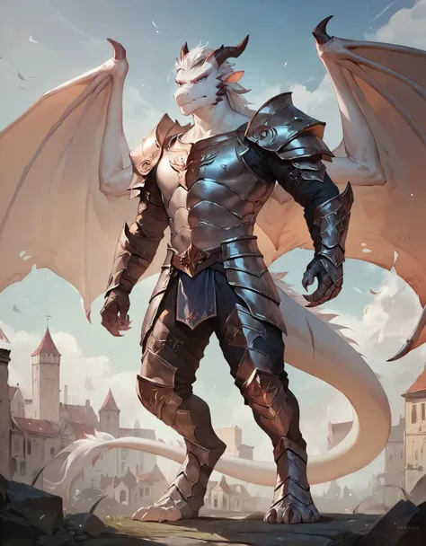 score_9, score_8_up, score_7_up, score_6_up, score_5_up, score_4_up, (solo), male anthro white dragon, wings, standing, full metal armor,  badass, white hair, sky dragon god, in a medieval city, 