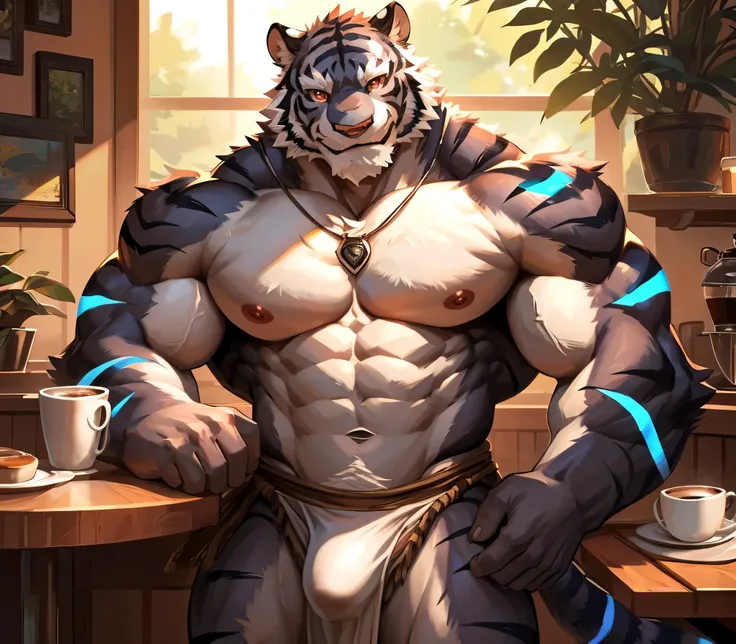 ((best quality)), ((masterpiece)), (ultra detailed), perfect face,(sharp eyes),sharp focus,japanese anime,manga,(artist: null-ghost,traver009, lindong, pino daeni), (male antro black tiger):2.0, ((blue stripes)), ((black body)), ((white belly)), (tiger ear...