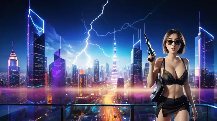 Futuristic cityscapes with colorful all-glass towering skyscrapers, flying vehicle, lightning. High-resolution OLED GUI interfaces in the building, The windows are filled with transparent data visualization infographics that show it all, from weather patte...