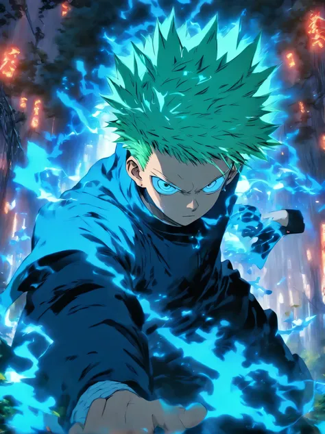 1boy,Gojo Satoro, Jujutsu Kaisen style, anime style, white sharp hait, hair on eye, forest background, Blue outfit, magic lights, high quality, uhd, 8k