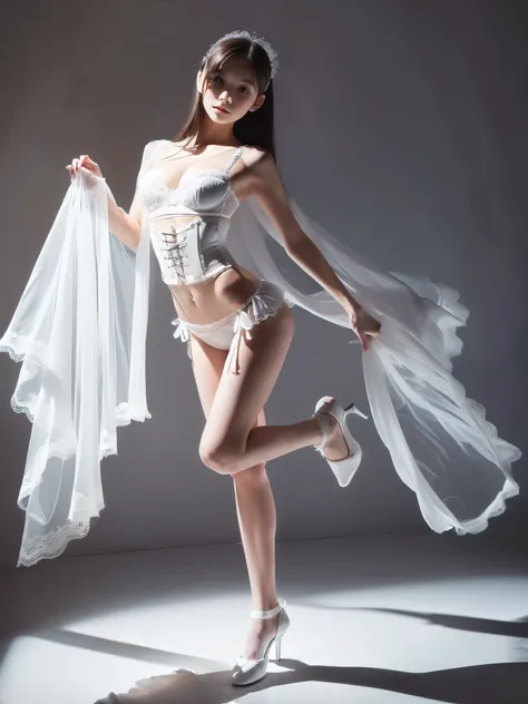 ((Full body portrait:1.5)),beautiful virgin with a slim figure and a baby face wearing pure white Sheer lace corset bustier,Practicing Erotic dance with a serious look,Camera angle shooting from below,showing panties,Ultra high definition,Highest quality