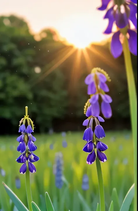 purple flowers with white stems in the grass in the sun, dew, spring, springs, by Hans Schwarz, spring early morning, early spring, by Joan Ayling, dew drops, by Jan Rustem, grape hyacinth, dewdrops, by Jan Jahn, by rainer hosch, by Gerard Soest, beautiful...